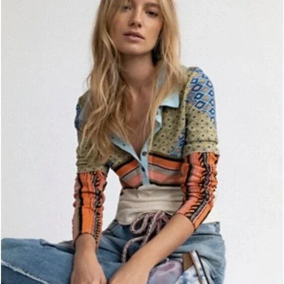 Free People We The Free Alex Tee Multicolor Mixed Print Size S Boho Retro - Picture 1 of 11